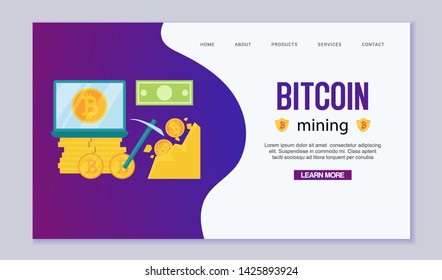 Mining Bitcoins. Modern concept of digital bitcoin crypto mining. Extracting golden coins from rock with a jackhammer. Cryptocurrency Vector Illustration for web landing page or banner.