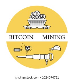 Mining of bitcoins. Railway car with bitcoins, dynamite, miner's jackhammer, helmet with a lantern. Digital currency. Blockchain technology.