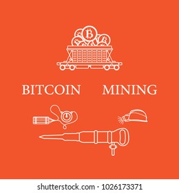 Mining of bitcoins. Railway car with bitcoins, dynamite, miner's jackhammer, helmet with a lantern. Digital currency. Blockchain technology.