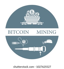Mining of bitcoins. Railway car with bitcoins, dynamite, miner's jackhammer, helmet with a lantern. Digital currency. Blockchain technology.
