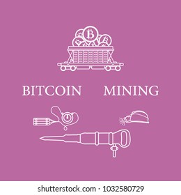 Mining of bitcoins. Railway car with bitcoins, dynamite, miner's jackhammer, helmet with a lantern. Digital currency. Blockchain technology.