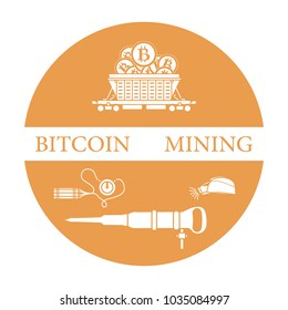 Mining of bitcoins. Railway car with bitcoins, dynamite, miner's jackhammer, helmet with a lantern. Digital currency. Blockchain technology.
