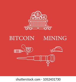 Mining of bitcoins. Railway car with bitcoins, dynamite, miner's jackhammer, helmet with a lantern. Digital currency. Blockchain technology.