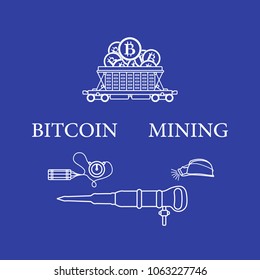 Mining of bitcoins. Railway car with bitcoins, dynamite, miner's jackhammer, helmet with a lantern. Digital currency. Blockchain technology.