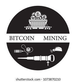 Mining of bitcoins. Railway car with bitcoins, dynamite, miner's jackhammer, helmet with a lantern. Digital currency. Blockchain technology.
