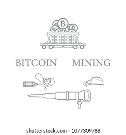 Mining of bitcoins. Railway car with bitcoins, dynamite, miner's jackhammer, helmet with a lantern. Digital currency. Blockchain technology.