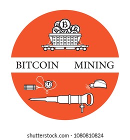 Mining of bitcoins. Railway car with bitcoins, dynamite, miner's jackhammer, helmet with a lantern. Digital currency. Blockchain technology.