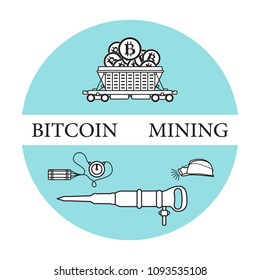 Mining of bitcoins. Railway car with bitcoins, dynamite, miner's jackhammer, helmet with a lantern. Digital currency. Blockchain technology.