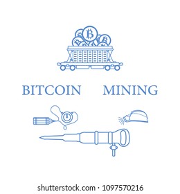 Mining of bitcoins. Railway car with bitcoins, dynamite, miner's jackhammer, helmet with a lantern. Digital currency. Blockchain technology.