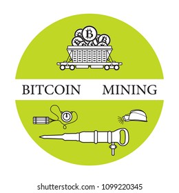 Mining of bitcoins. Railway car with bitcoins, dynamite, miner's jackhammer, helmet with a lantern. Digital currency. Blockchain technology.