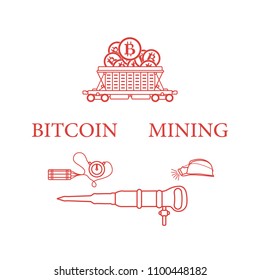 Mining of bitcoins. Railway car with bitcoins, dynamite, miner's jackhammer, helmet with a lantern. Digital currency. Blockchain technology.