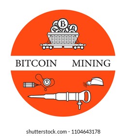 Mining of bitcoins. Railway car with bitcoins, dynamite, miner's jackhammer, helmet with a lantern. Digital currency. Blockchain technology.