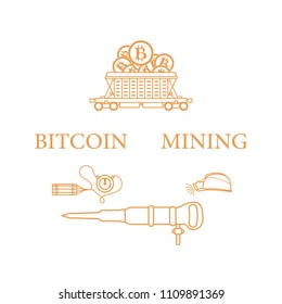 Mining of bitcoins. Railway car with bitcoins, dynamite, miner's jackhammer, helmet with a lantern. Digital currency. Blockchain technology.