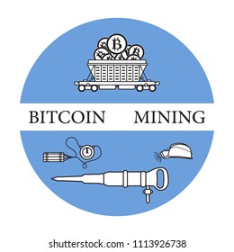 Mining of bitcoins. Railway car with bitcoins, dynamite, miner's jackhammer, helmet with a lantern. Digital currency. Blockchain technology.