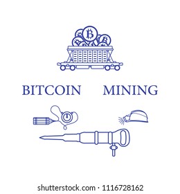 Mining of bitcoins. Railway car with bitcoins, dynamite, miner's jackhammer, helmet with a lantern. Digital currency. Blockchain technology.