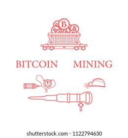 Mining of bitcoins. Railway car with bitcoins, dynamite, miner's jackhammer, helmet with a lantern. Digital currency. Blockchain technology.