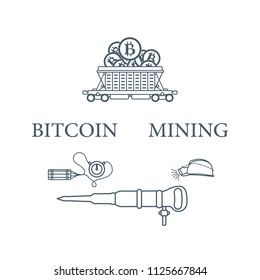 Mining of bitcoins. Railway car with bitcoins, dynamite, miner's jackhammer, helmet with a lantern. Digital currency. Blockchain technology.
