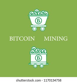 Mining of bitcoins. Mining trolleys with bitcoins. Digital currency. Blockchain technology.