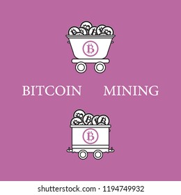 Mining of bitcoins. Mining trolleys with bitcoins. Digital currency. Blockchain technology.