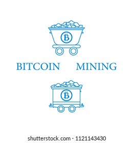 Mining of bitcoins. Mining bitcoins trolleys with ore. Digital currency. Blockchain technology.