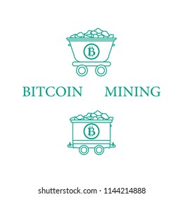 Mining of bitcoins. Mining bitcoins trolleys with ore. Digital currency. Blockchain technology.