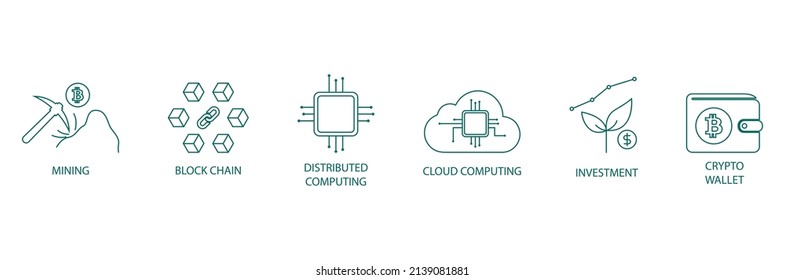 minería, Blockchain, computación distribuida, computación en nube, inversión, línea criptográfica de línea de monedero conjunto de ilustraciones vectoriales 