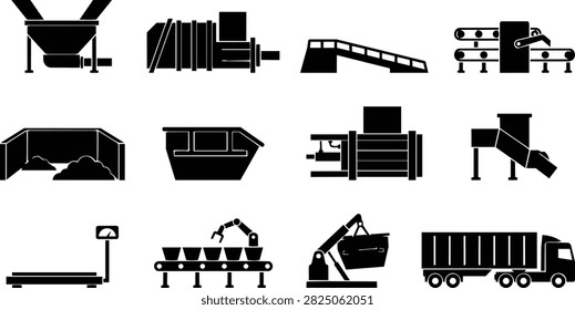 Mining and bulk material handling equipment icon set featuring crushers, conveyors, hoppers, screening machines, loading systems, excavators, and haul trucks