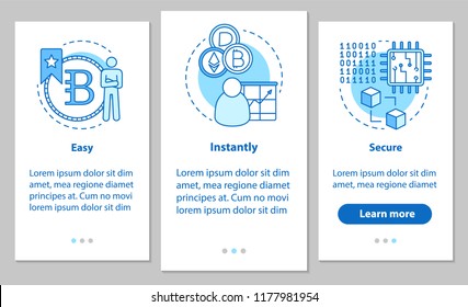 Mining business onboarding mobile app page screen with linear concepts. Cryptocurrency. Easy, instantly, secure steps graphic instructions. UX, UI, GUI vector template with illustrations