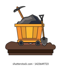 Mining carrier with pick and shovel on ground vector illustration graphic design