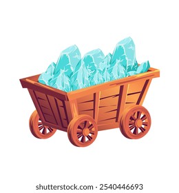 Carrinho de mineração com cristais azuis em design plano. Carrinho de madeira com pedras preciosas. Ilustração vetorial isolada.