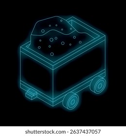 Mining cart full of coal isometric icon in glowing neon style