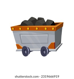 Mining cart full of coal. Trolley icon with iron ore isolated on white background. Loaded wagon for game or app design. Extraction and transportation of natural resources. Cartoon vector illustration.