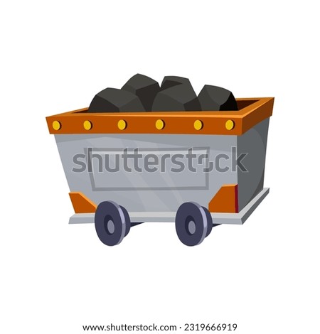 Mining cart full of coal. Trolley icon with iron ore isolated on white background. Loaded wagon for game or app design. Extraction and transportation of natural resources. Cartoon vector illustration.