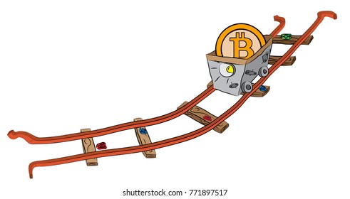 Mining cart on railway loaded with precious bitcoin