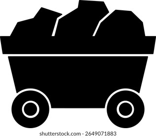 Carrinho de Mineração com Ícone de Minério ou Carvão. Um ícone preto e branco minimalista de um carrinho de mineração cheio de minério ou carvão, pronto para o transporte. Perfeito para temas de mineração, indústria, extração de recursos