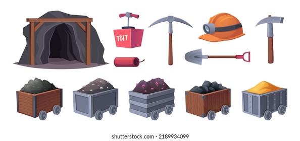 Mining cart. Stuff for miners helmet explosives pickaxe flashlight rope and carts with natural resources exact vector templates