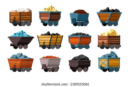 mining carts. gold mineral stones diamonds and other treasures in containers. Vector mining vehicles