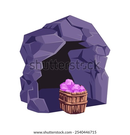 Mining cave with crystals in wooden box in flat design. Digging fantasy gems. Vector illustration isolated.