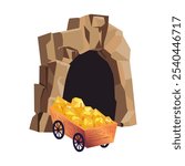 Mining cave with golds cart in flat design. Digging underground crystals. Vector illustration isolated.