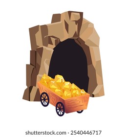 Cueva minera con Carrito de oro en diseño plano. Excavando cristales subterráneos. Ilustración vectorial aislada.