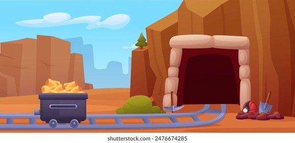 Cueva minera. Entrada de la mina con rieles y carrito de metal con piedras preciosas de oro. Herramientas de los mineros, pala y casco con linterna, paisaje de Vector de hoy