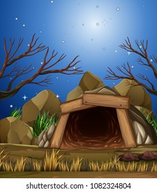 Una cueva minera en ilustración nocturna