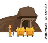 Mining cave and worker with wagon carts