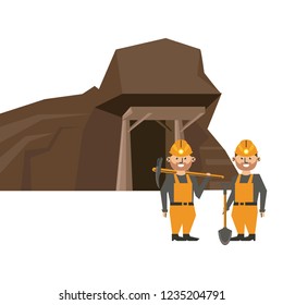 Mining cave and workers with tools