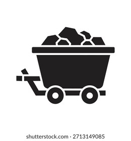 Mining coal cart wagon icon symbol solid glyph vector design element fossil fuel mineral resource transportation industry heavy rock extraction