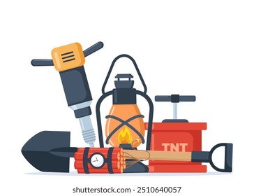 Mining coal industry icons composition. Tools and equipment for manufacture, truck and mine, mineral fuel, miner symbol, signs of machinery and dump. Vector illustration