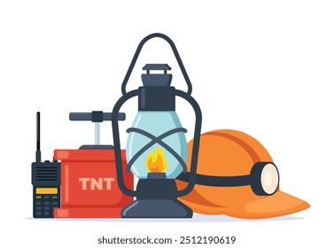 Mining Kohleindustrie Ikonen Zusammensetzung. Werkzeuge und Ausrüstung für die Herstellung, LKW und Mine, mineralische Brennstoffe, Bergbau-Symbol, Zeichen von Maschinen und Deponien. Vektorgrafik