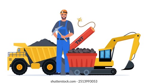 Composición de iconos de la industria minera del carbón. Herramientas y equipos para la fabricación, camión y mina, combustible mineral, símbolo minero, signos de maquinaria y vertedero. Ilustración vectorial