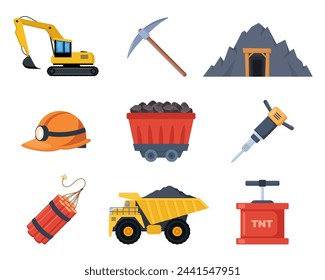 Iconos de la industria minera del carbón, conjunto. Herramientas y equipos para la fabricación, camión y mina, combustible mineral, símbolo de minero, señales de maquinaria y vertedero. Ilustración de vector