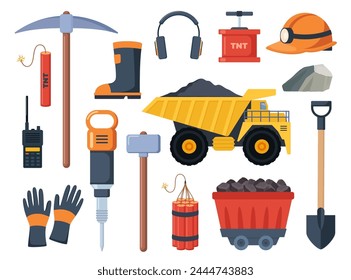 Iconos de la industria minera del carbón, conjunto. Herramientas y equipos para la fabricación, camión y mina, combustible mineral, símbolo de minero, señales de maquinaria y vertedero. Ilustración vectorial